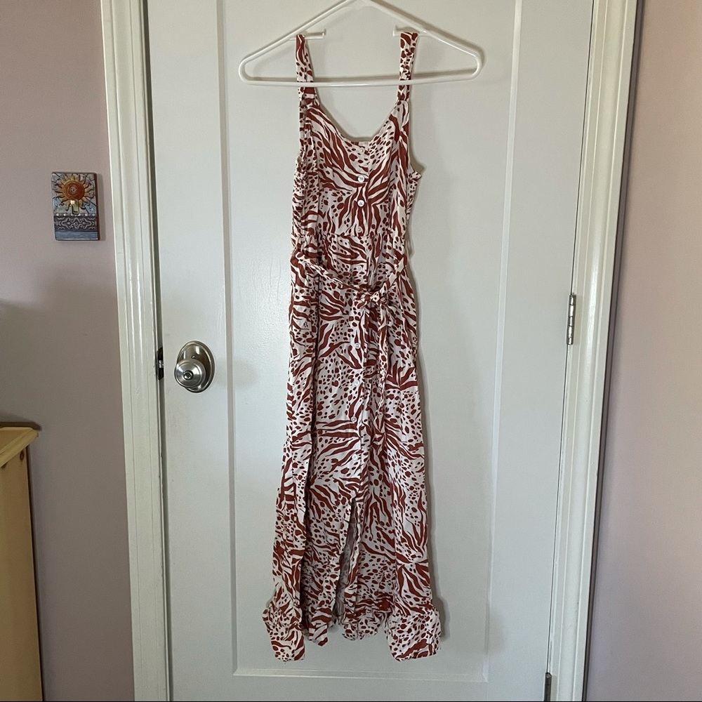Japna orange print midi belted dress XS